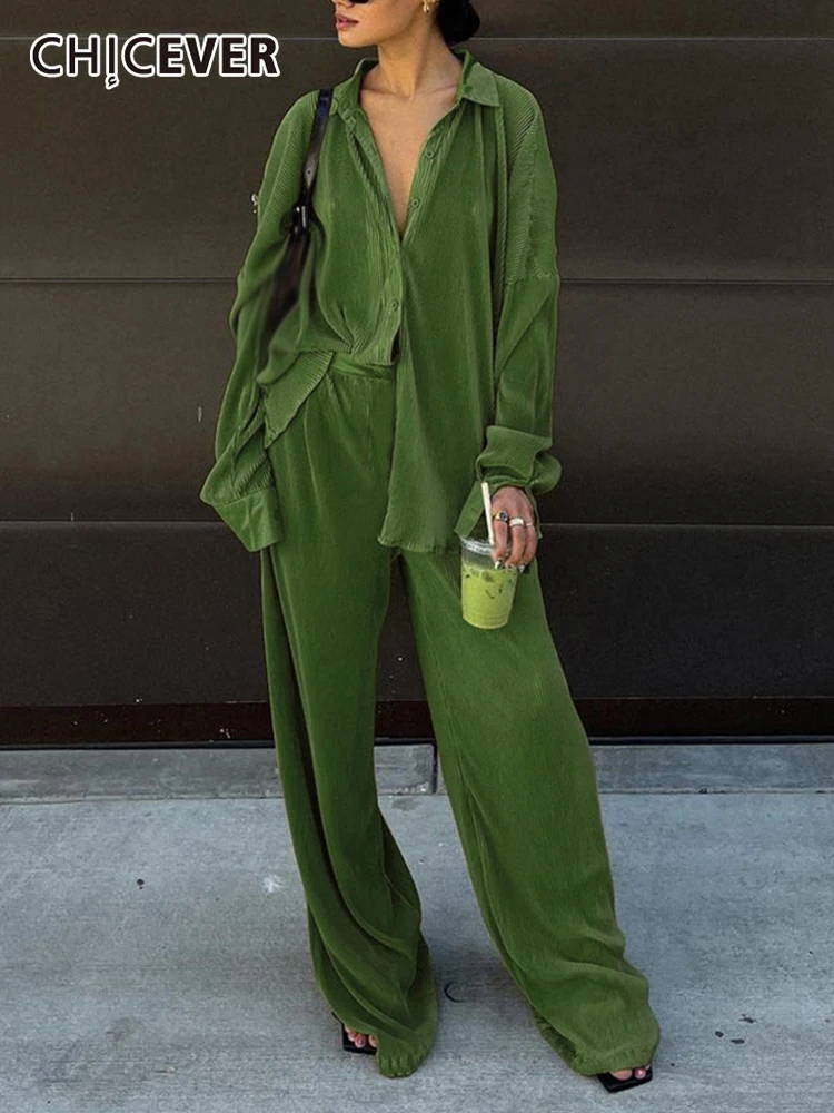 

CHICEVER Plain Two Piece Sets Womens Lapel Long Sleeve Shirt Elastic High Waist Wide Leg Pants Casual Set Female Clothing New