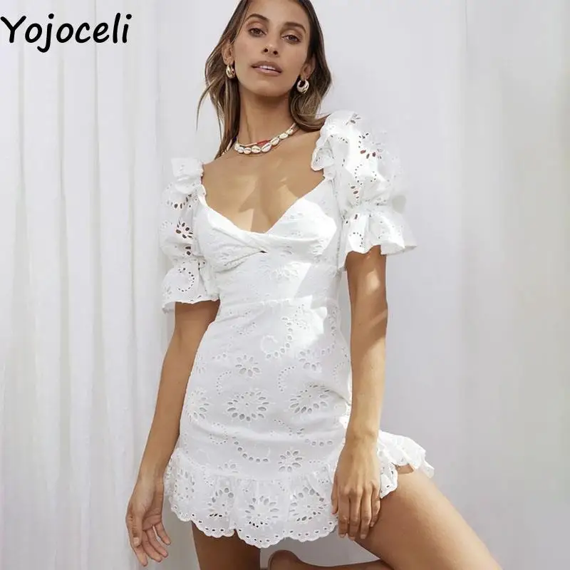 

Элегантное белое кружевное платье Yojoceli с оборками и цветочной вышивкой, летнее женское повседневное короткое платье, милое повседневное пр...