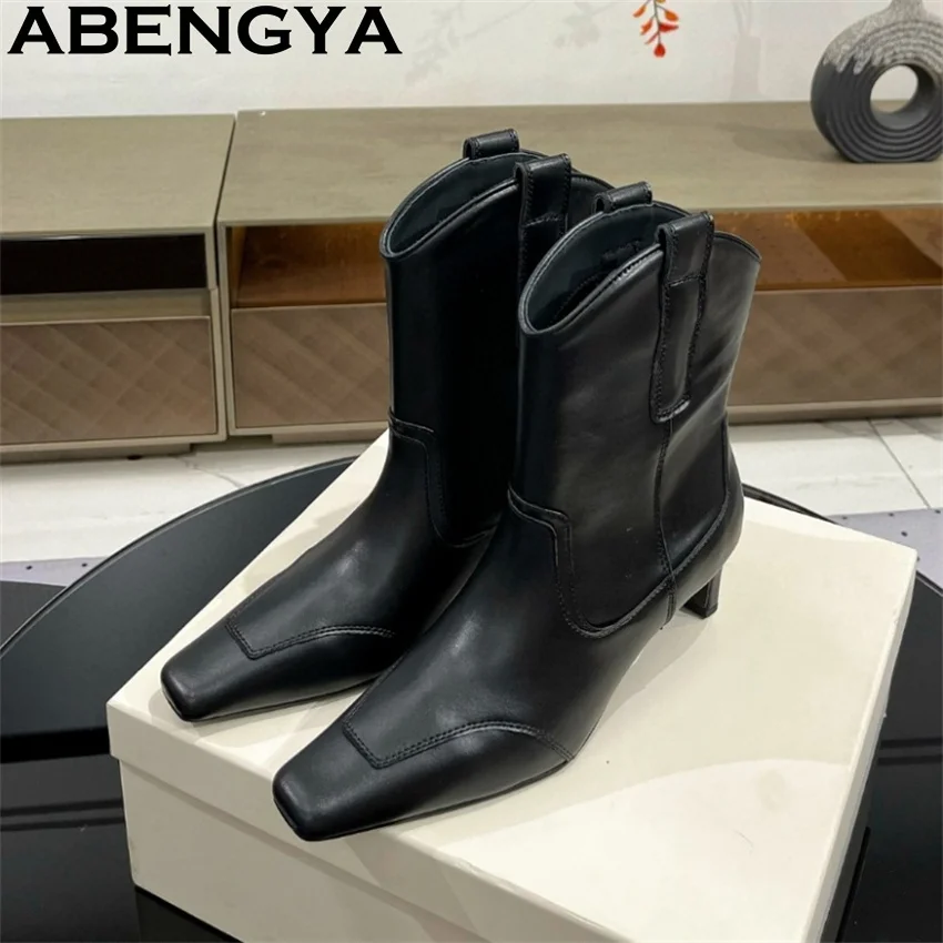 Фото ABENGYA Ботильоны из натуральной замши и котенка на каблуке, женские короткие ботинки «Челси» с острым носком, сексуальные тонкие модные ботинки, женские ботинки 2025 №5