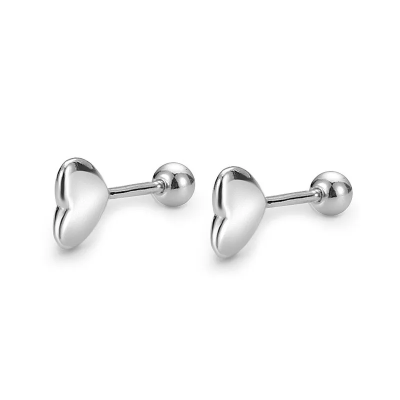 

C00304 ZFSILVER S999 Silver Korean Fashion Simple Smooth Heart Screw Ball Stud Earrings Jewelry For Women Girls Match-all Gifts