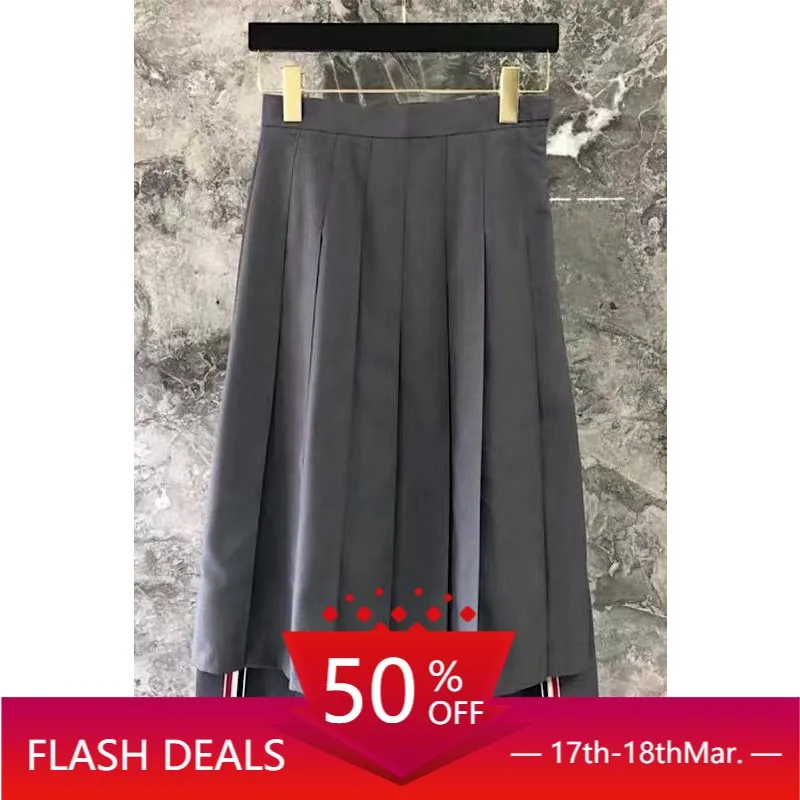 TB mid-length skirt new gray pleated suit skirt high-waisted slim long skirt with short front and long back irregular skirt