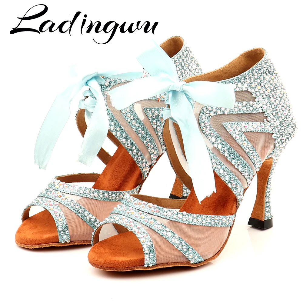 Ladingwu Dance Shoes Women Latin Glitter and Mesh Ballroom Dance Boots for Girls Salsa Dance Shoes Rhinestone Blue Red Black
