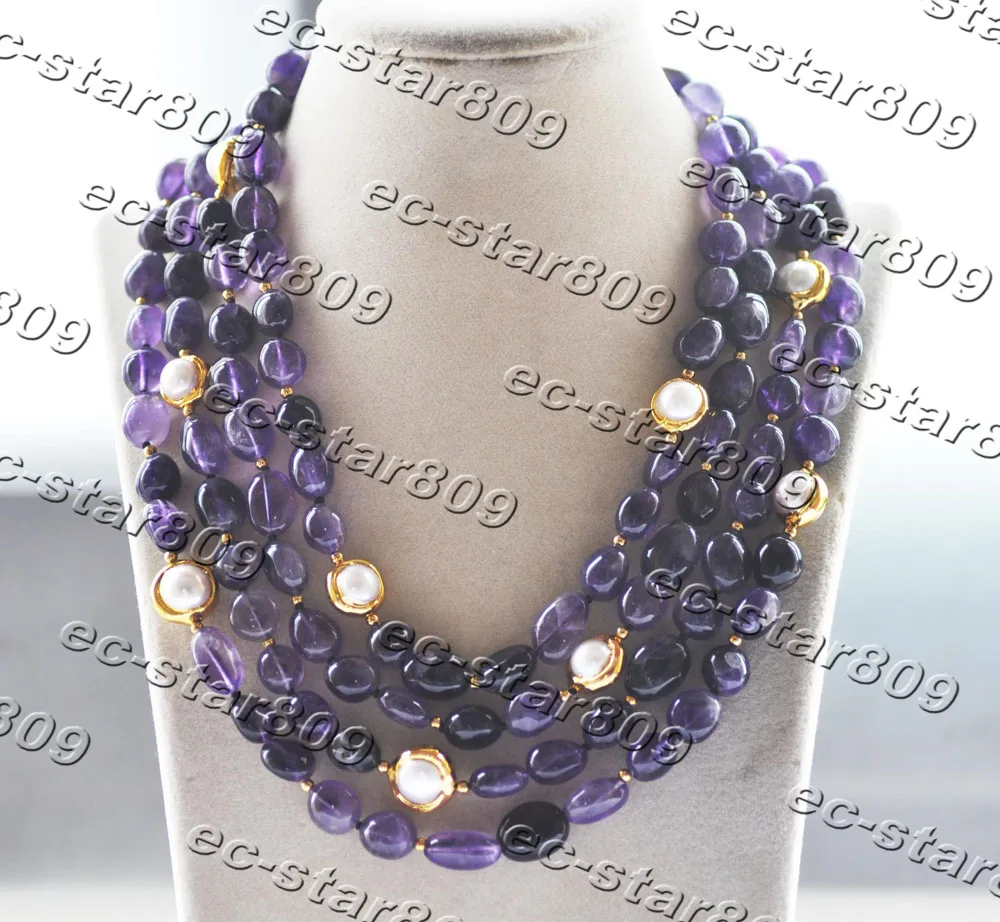 

MCT·STAR Z11377 4Row 20" 15mm Natural Purple Baroque Amethyst Gold-plating White Pearl Necklace