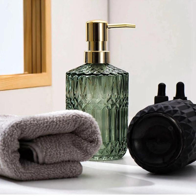 

2 Pcs 400Ml Soap Dispenser Chic Glass Refill Empty Bottle Black & Green