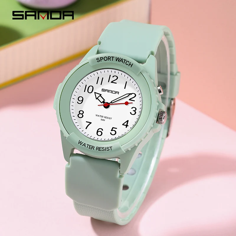 SANDA Sports Watch Women Casual Fashion Luminous Waterproof Watch Matcha Green Strap Simple Arabic Numeral Scale Display Quartz