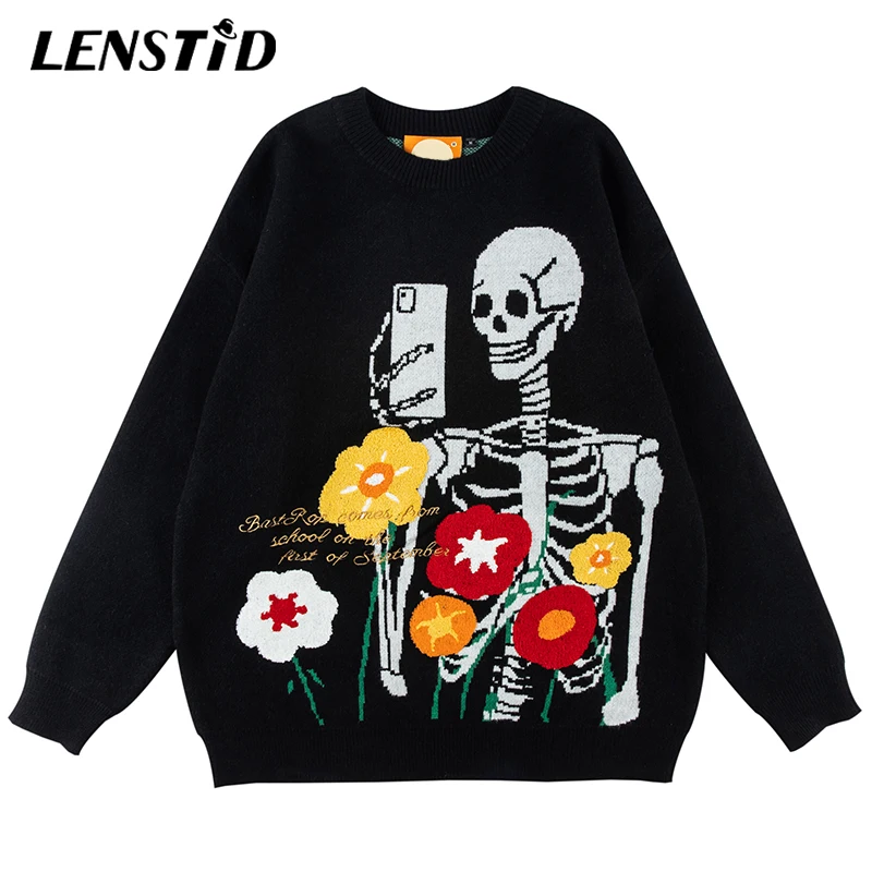 

Женский трикотажный джемпер LENSTID, свитер в стиле хип-хоп с графической вышивкой, модные повседневные пуловеры в стиле Харадзюку