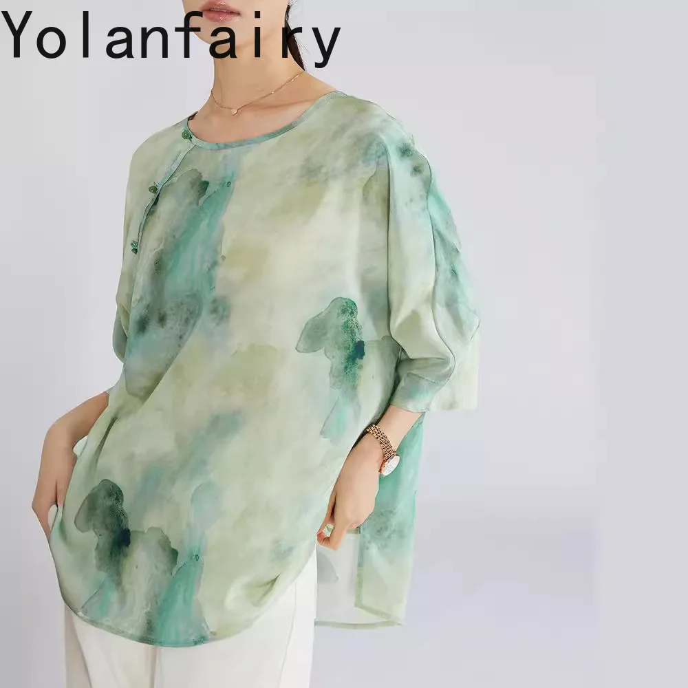 Фото YOLANFAIRY Элегантные женские блузки из 100% шелка креп-де-шин, летние, с принтом «зеленые чернила», футболки-топы №4