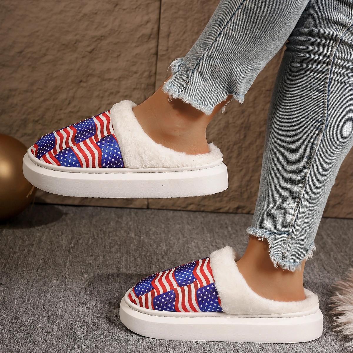 Тапки женские зимние на платформе полузакрытые плоская подошва повседневные