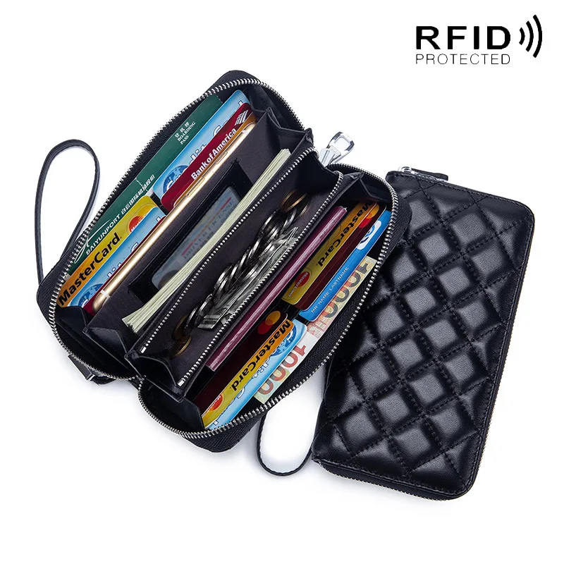 Black Long Wallet for Men Women RFID Blocking Clutch Organizer Genuine Leather Credit Card Holder Plaid Zipper Purse Phone Bag