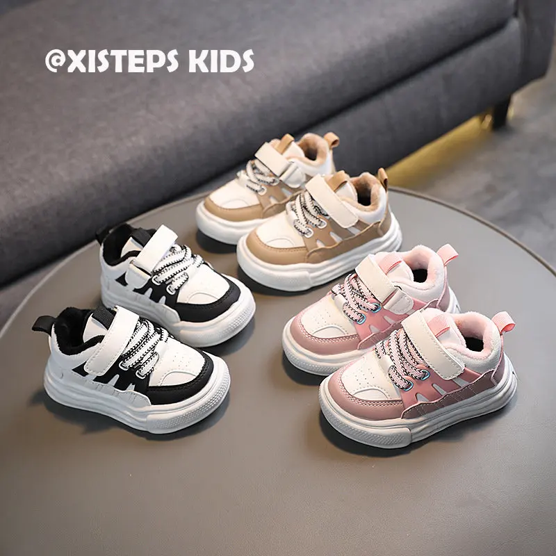 

XISTEPS Children Winter Warm Casual Sneakers with Plush Non-slip Outdoor Running Shoes Tenis Infantil Kid Sport Shoes Pink Black