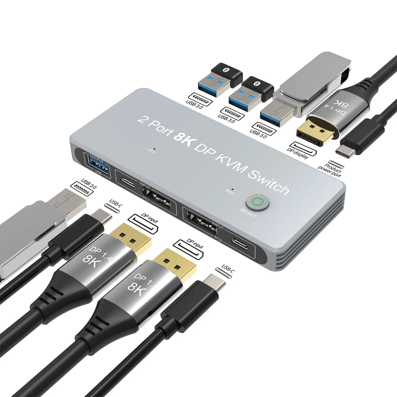 KVM-переключатель USB с двумя портами DisplayPort 2 DP IN 1 DP Out смешанные входы DP 2 порт 8K 30 Гц 4K 144 Гц KVM Share 1 монитор для ПК ноутбука DELL