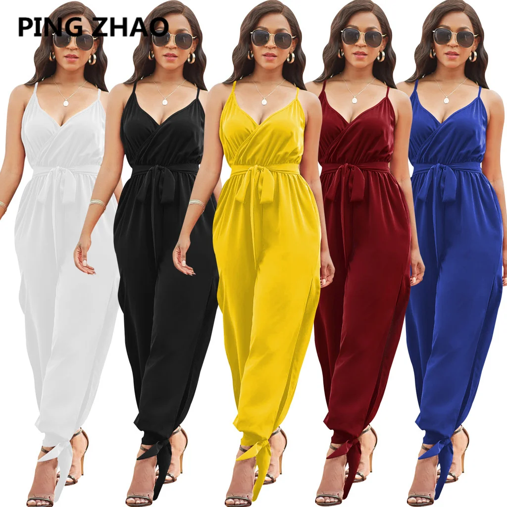 

Women 2022 Summer New Arrival Fashion Solid Color V-neck With Belt Romper Jumpsuit Sexy Sling Jumpsuit Mujer