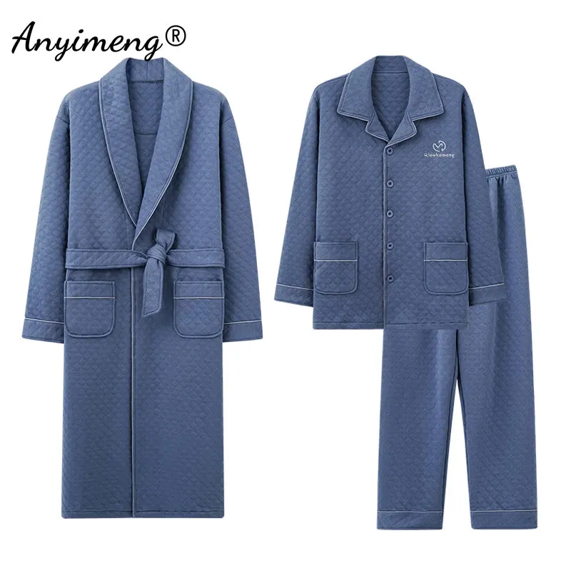 3pcs Men's New Robe Gown Pajamas Big Size 4XL Nightwear Leisure Pajamas+Robe Long Sleeved Winter Three Layer Cotton Pijamas Set