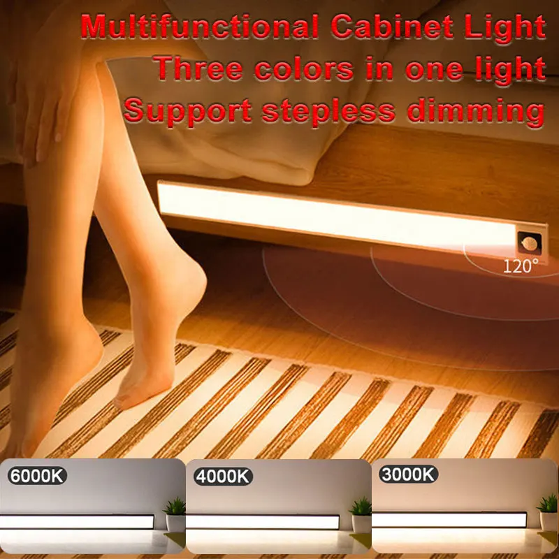

LED Cabinet Light 3Color PIR Motion Sensor Stepless Dimming USB Charging Slim Kitchen Wardrobe Light Aluminum Bedroom Night Lamp