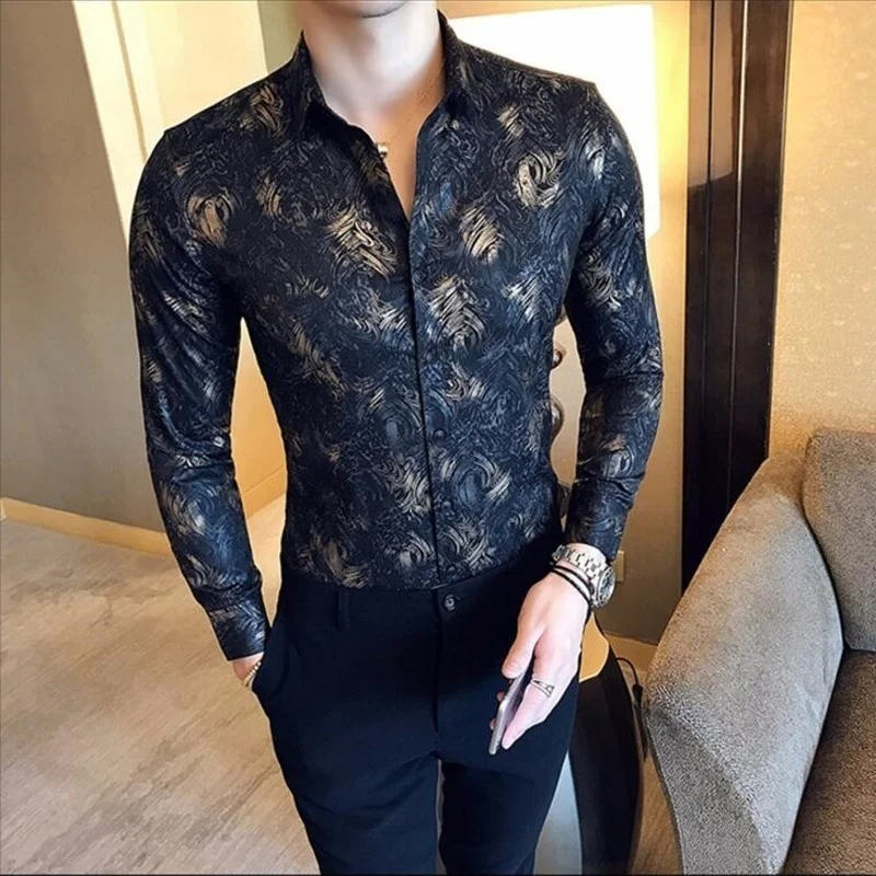 

Men Metallic Gold Shirt 2023 Autumn Printed Gold White Shirt Slim Fit Men Dress Shirt Party Wedding Club Shirt Camisa Masculina
