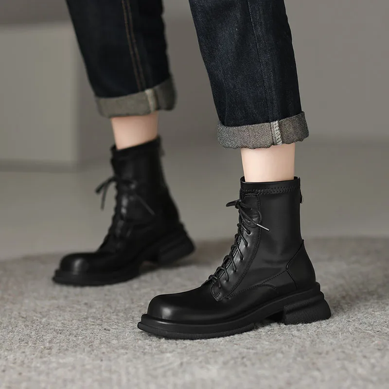 

Phoentin Lace Up Ladies Boots With Zip Closure Middle Heels Female Shoes Big Head Brown Footwear Black 2022 New Arrival FT2060