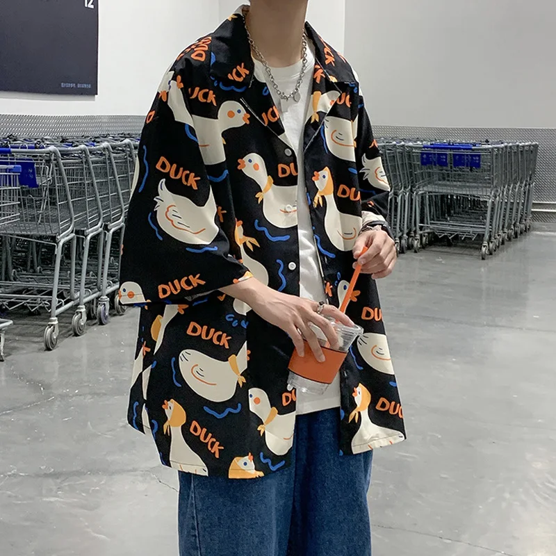Summer Short Sleeve Shirts Men Baggy Korean Fashion Duck Letter Printed T-Shirt Streetwear Casual Cardigan Blouses Male Clothes