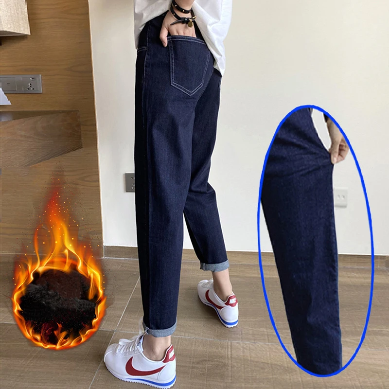 Autumn and Winter 2022 New Large Plush Jeans Women's High Waist Elastic Fat mm Women's Slim Harun Turnip Pants