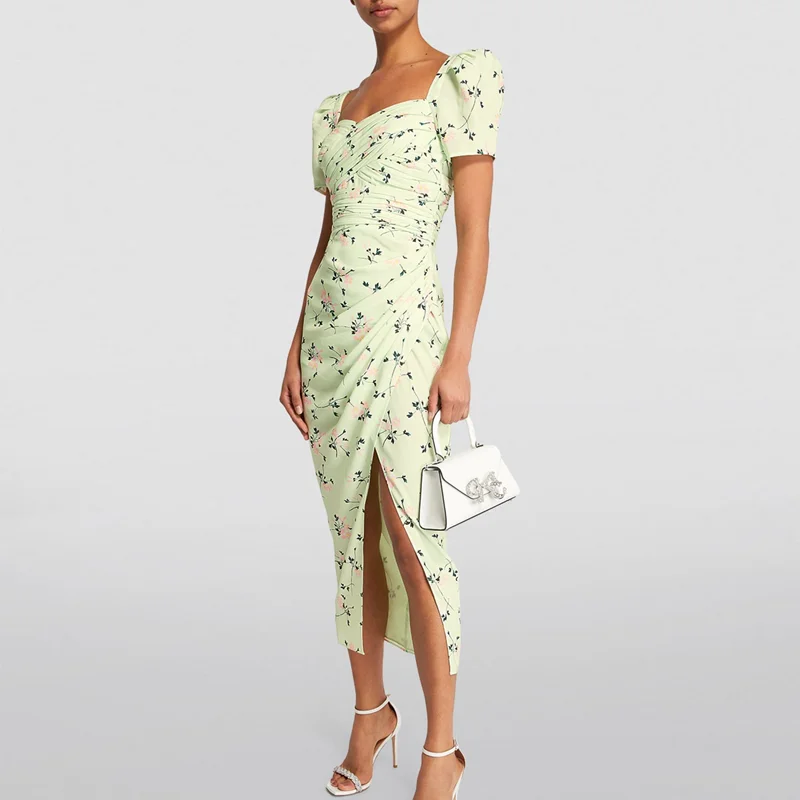 

Sexy Pencil Dress Women Square Neck Short Sleeve Floral Printting Folds Slim Fit Temperament Long Side SPlit Dress