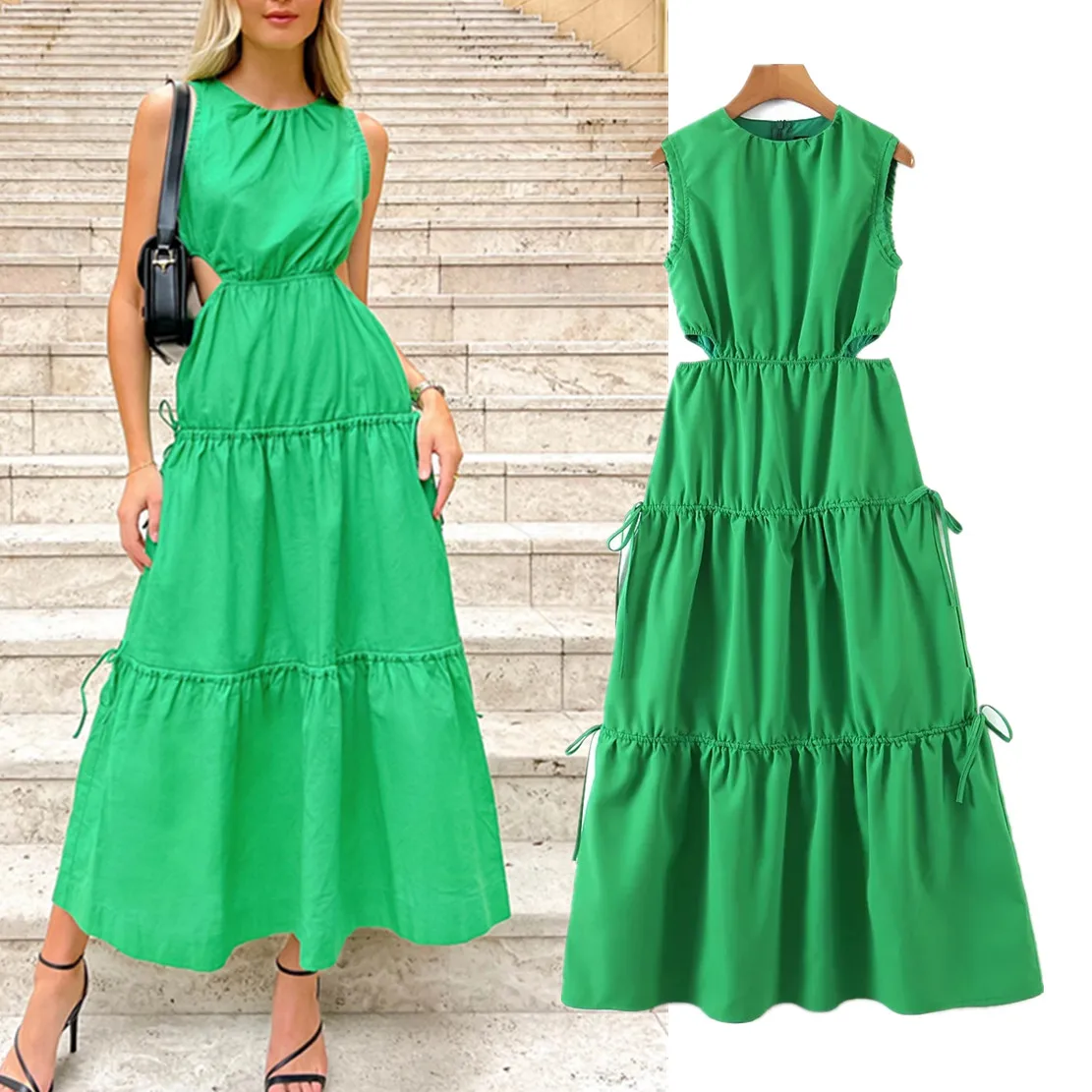 

Jenny&Dave Ins Fashion Blogger Round Collar Hollow Out Cascading Sexy Sleeveless Green Color Pleated Casual Maxi Dress Women