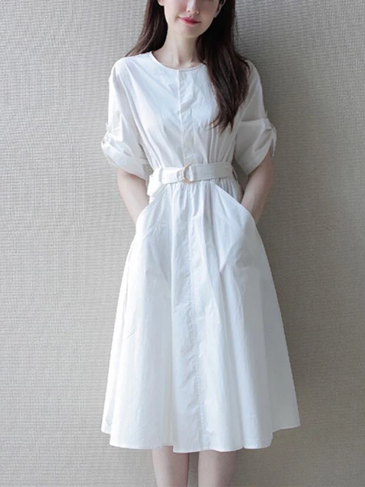 

Korean Style Chic Loose Elegant Dress Women O-neck Short Sleeve Slim High Waisted Midi Dresses 2023 Spring Summer White Dress