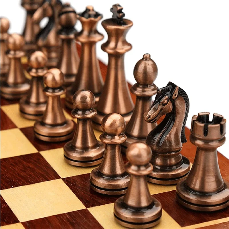 

29/39CM Metal Chess Pieces Board Set Luxury Portable Folding Wooden Inlaid Storage Box Family Travel Classic Game Queen Gambit