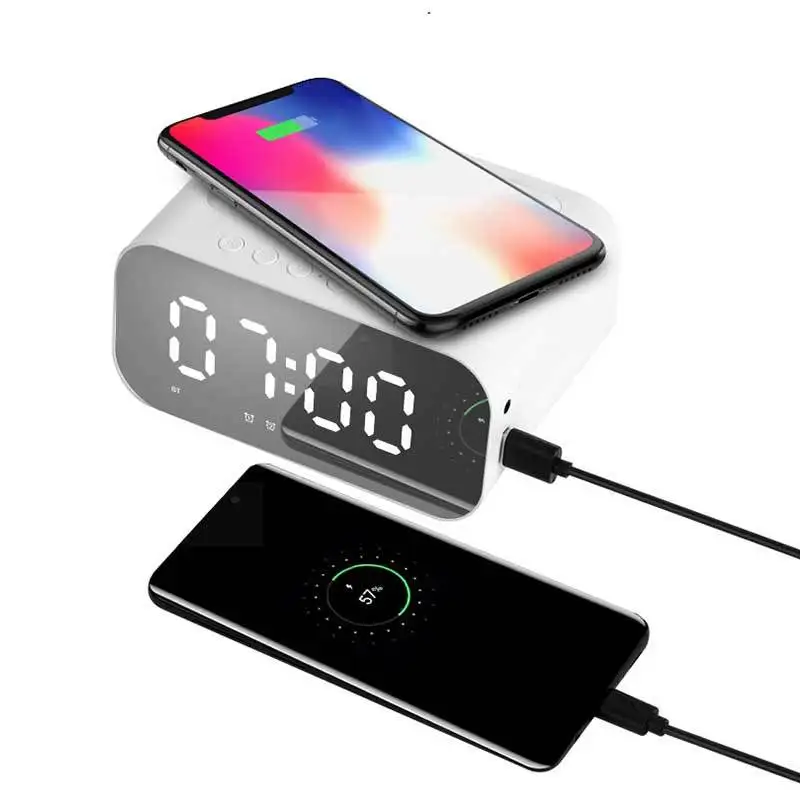 Bluetooth Speaker Clocks Upgraded HD Mirror LED Digital Alarm Clock FM Radio with USB Charger Wireless QI Charging Desktop |