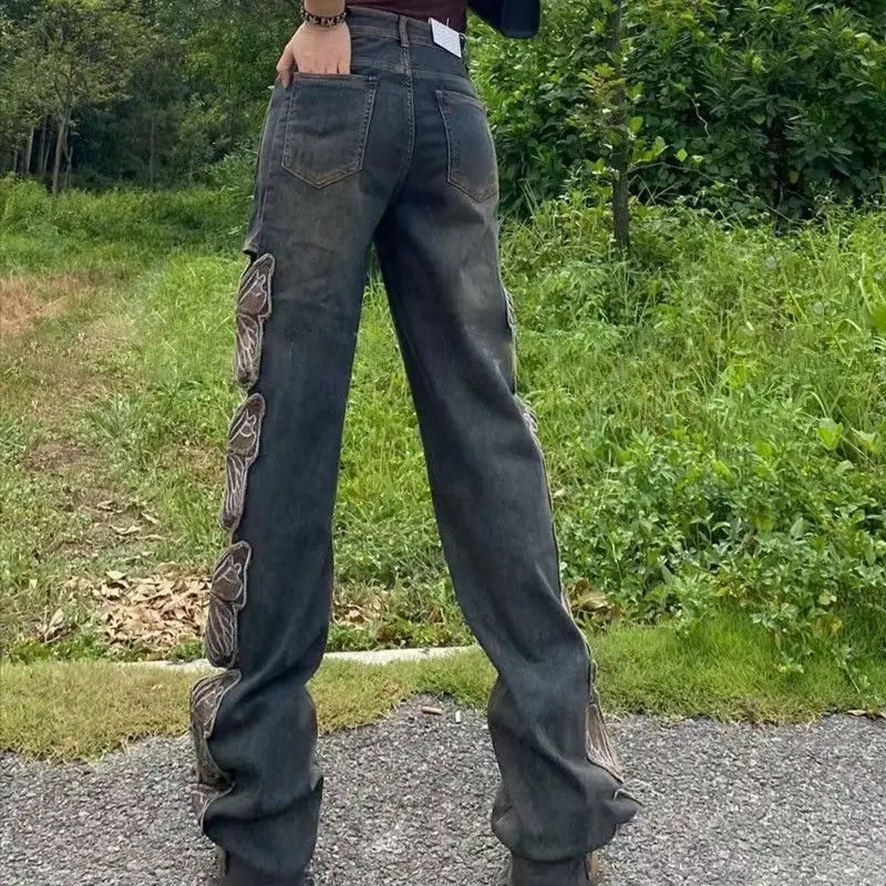 Y2K Street Hip-Hop Harajuku Butterfly Decoration Denim Women'S High Waist Embroidery Loose Straight Hole Mopping Pants Men