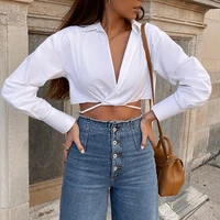 womens v neck straps umbilical lapel stitching cropped top long sleeved casual fashion chic ladies high fashion womens t shirt