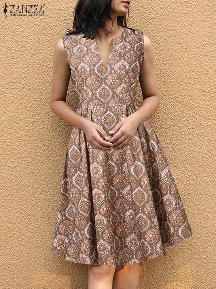 

ZANZEA Bohemian Printing Vintage Dresses V-neck Retro Waisted Mini Dress Sexy Sleeveless Summer Sundress 2023 Casual A-line Robe