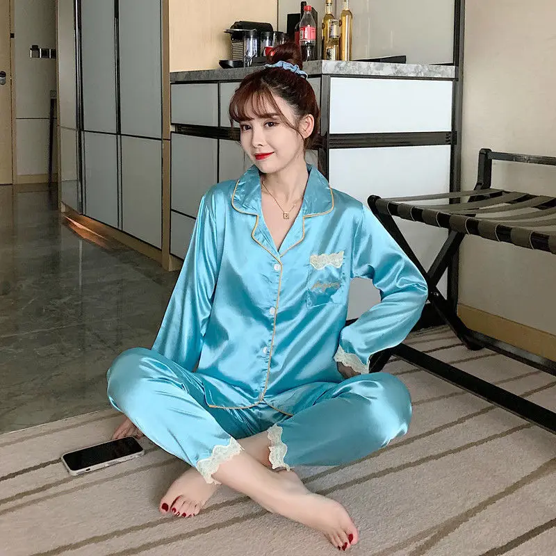 Women's Lace Pajama Set Spring Autumn Thin Sexy Two Piece Set Loose Long Sleeve Home Suit Summer Sleep Top Solid Color Fashion