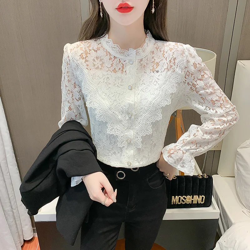 Women Tops Long Sleeve Blouse Blusas Mujer De Moda Verano Elegantes Shirts Spring and Summer Lace Ruffles Korean Version