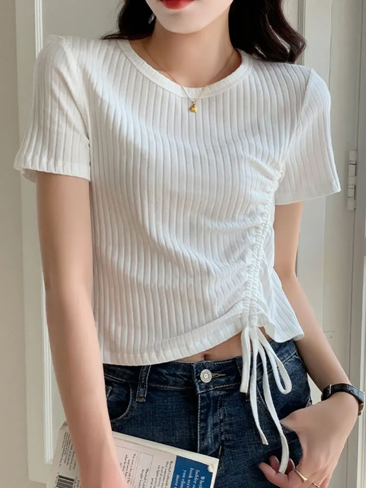 

Harteen Women's T-shirts Short Tshirt Women Slim Ribbed Shirring White Black T-shirt Casual Summer New Fashion Ladies Clothes