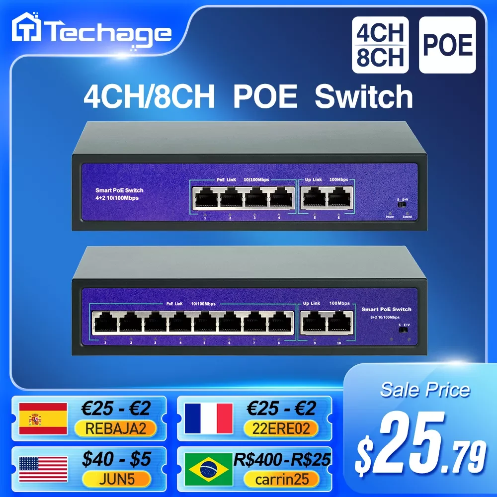 

Techage 4CH 8CH 52V Network POE Switch With 10/100Mbps IEEE 802.3 af/at Over Ethernet IP Camera/ Wireless AP/ CCTV Camera System