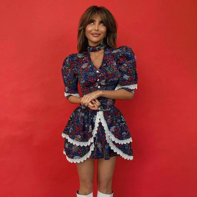 

Женское винтажное облегающее платье, привлекательное мини-платье с V-образным вырезом и коротким рукавом, элегантное кружевное платье с оборками, модель 2023 года