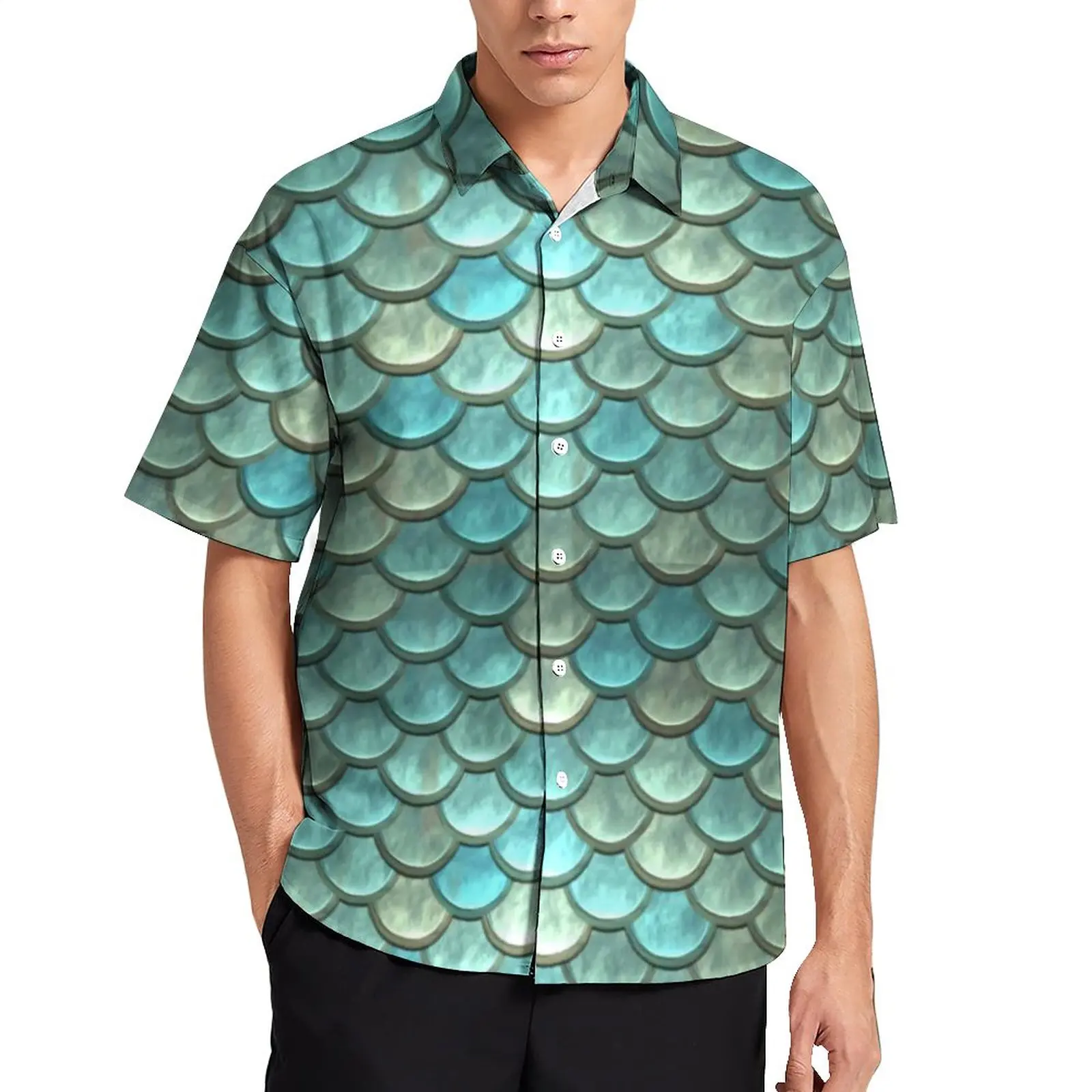 Camisa informal de sirena metálica para hombre, camisa de playa con estampado de escamas de pescado azul, blusas geniales de manga corta de gran tamaño