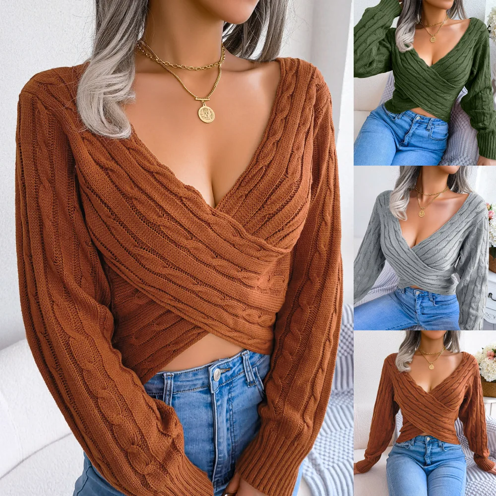 

Autumn and Winter Women's New Casual Solid Color Open Umbilical Sweater Fashion V-neck Long Sleeve Cross Irregular Fit Sweater