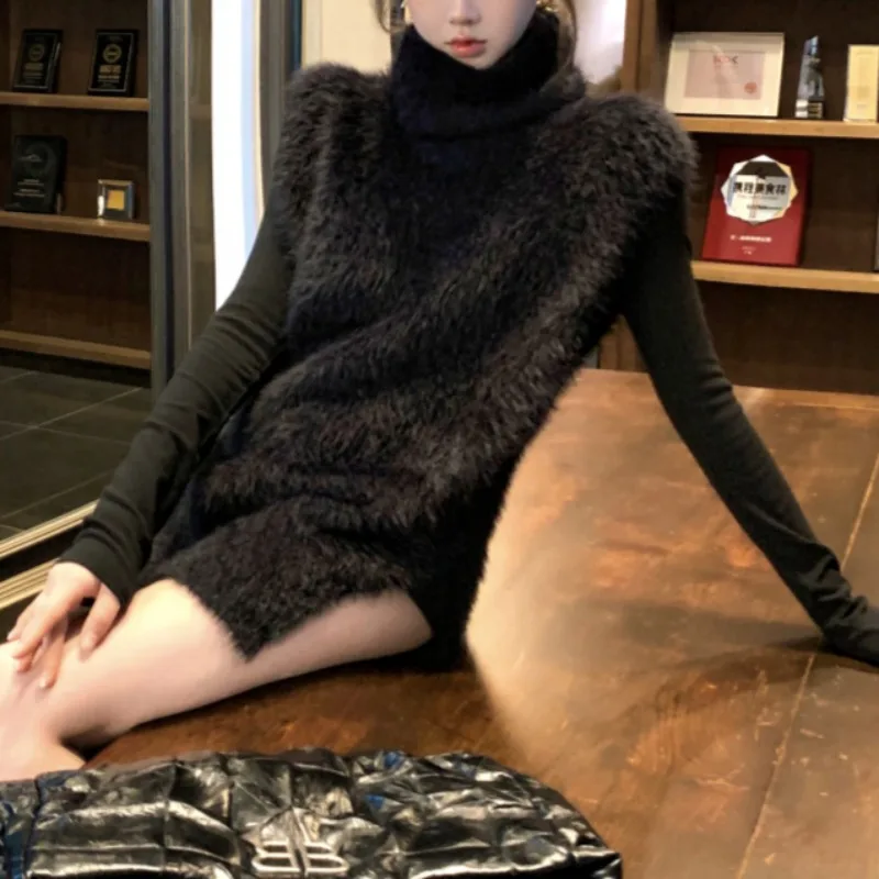 Норковый кашемировый свободный свитер без рукавов с высоким воротником женский