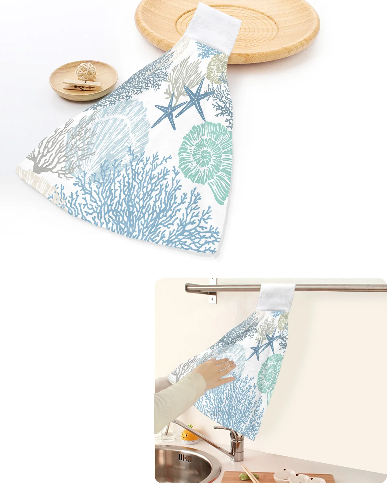 

Blue Marine Coral Shells Starfish Hand Towels Home Kitchen Bathroom Hanging Dishcloths Loops Soft Absorbent Custom Wipe Towel