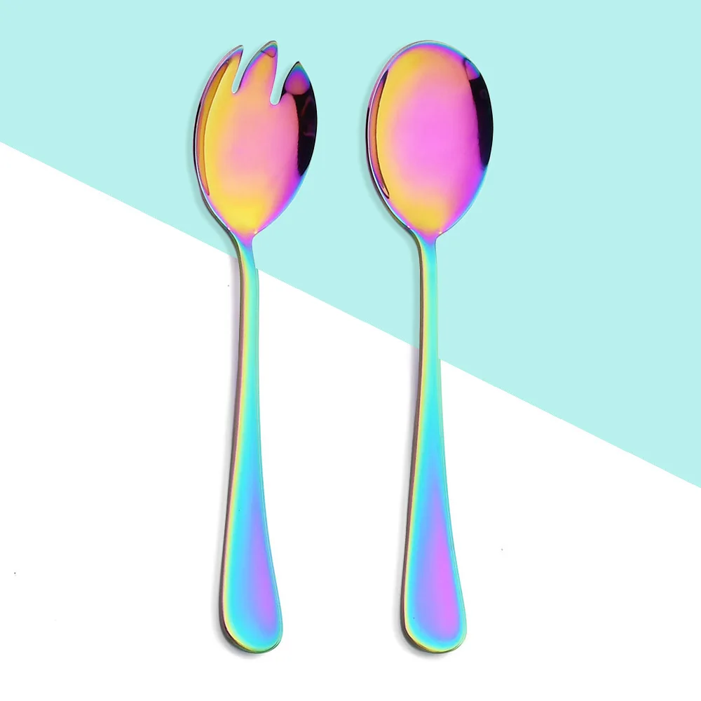 

Stainless Steel Salad Spoon Fork 2Pcs Colorful Salad Spoons Cutlery Set Serving Spoon Set Kitchen Tableware Western Silverware