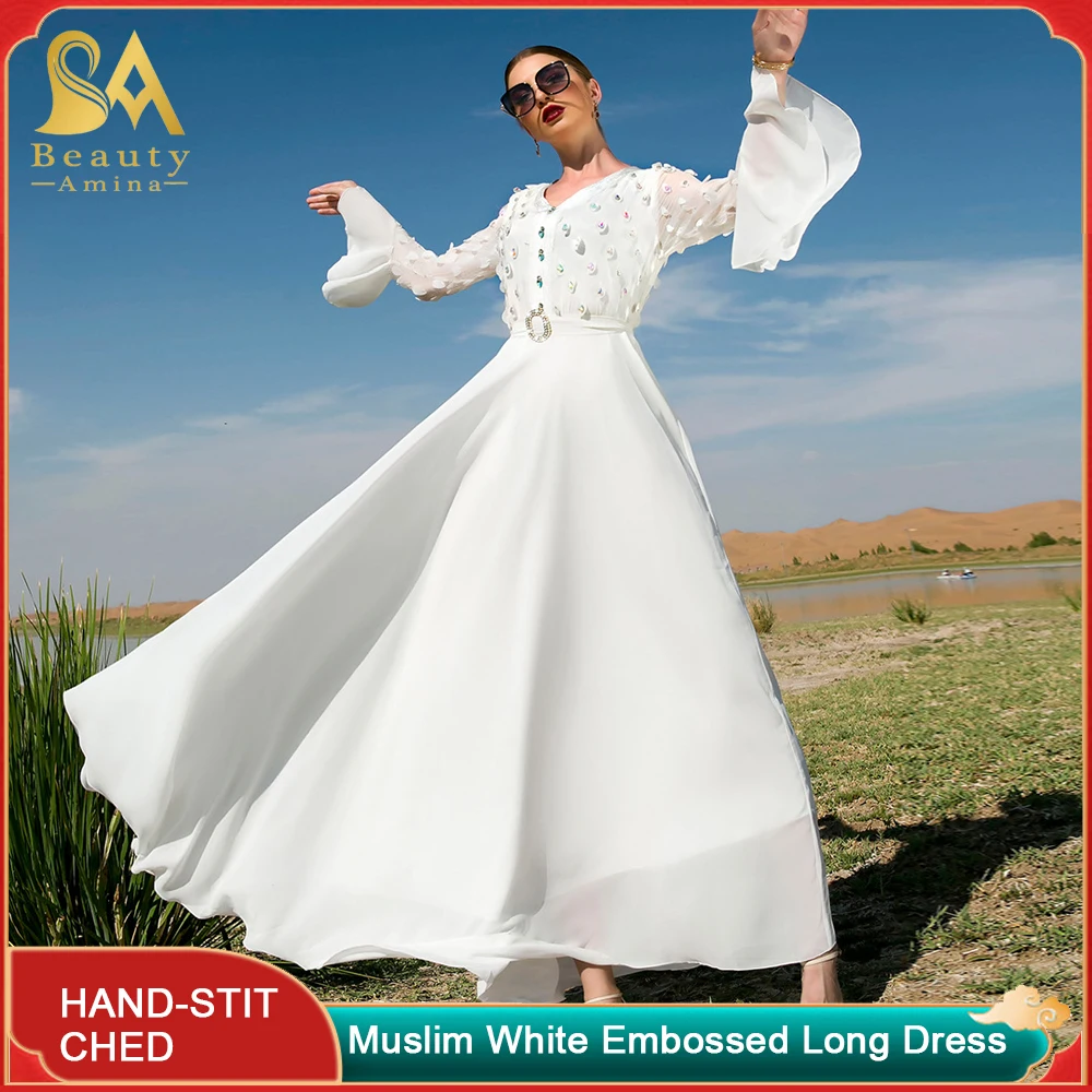 Women's Muslim Long Skirt White Embossed Three-Dimensional Embroidery Handmade Rhinestones Travel Lady Long Skirt Festival Dress