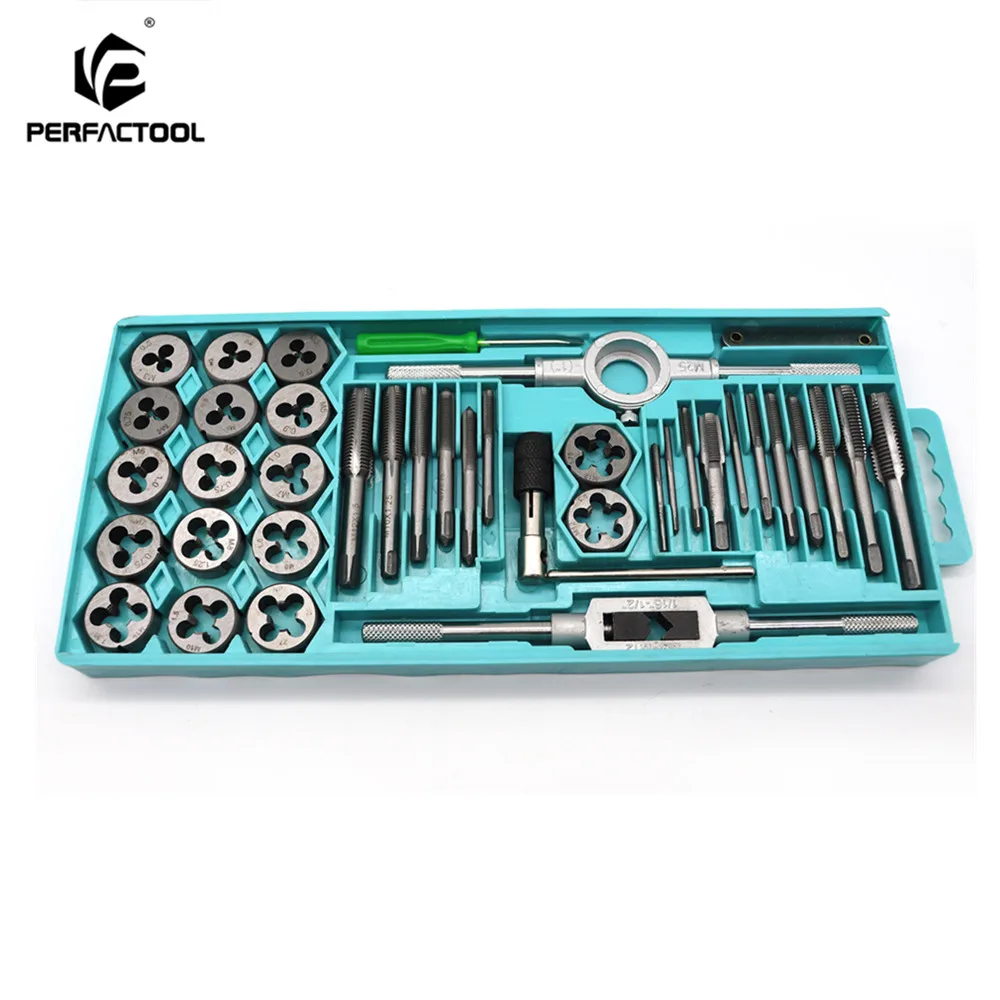 PERFACTOOL 40 PCS Set Metric/Imperial Tap Wrench Tip And Die Set M3-M12 Screw Thread Taps Nut Bolt Alloy With Case