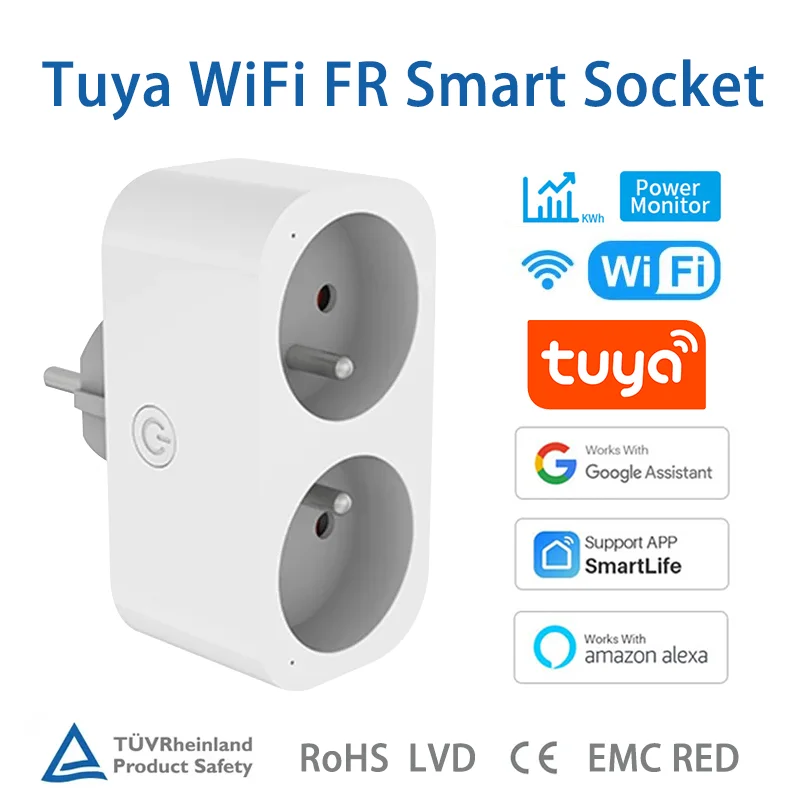 

Tuya FR Smart Socket 16A Adapter Power Monitor Wireless Remote Control Voice Timer Plug Outlet for Alexa Smart Life