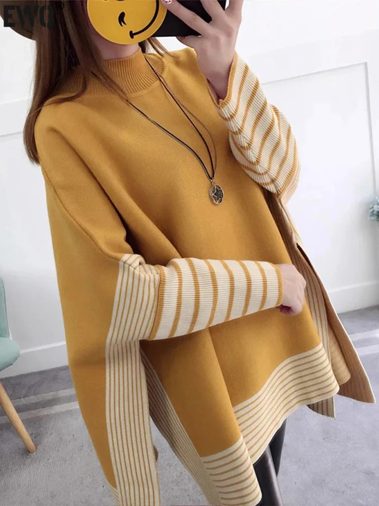 

[EWQ] Women Batwing Sleeve Striped Contrast Sweater O-neck Loose Oversize Side Split Knited Pullovers 2023 Autumn New Knit Top