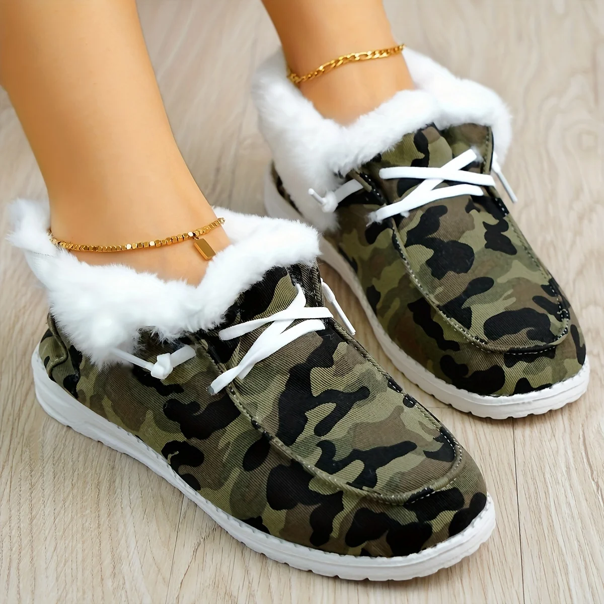 Женские пушистые парусиновые туфли камуфляжная обувь с круглым носком без