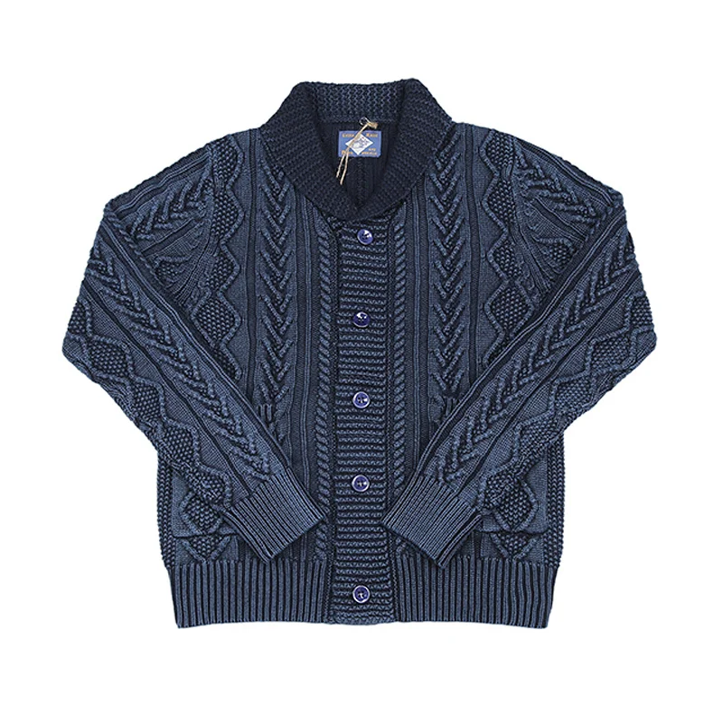 

BOB DONG Shawl Collar Indigo Cotton Cardigan Jacquard Pattern Sweater For Men