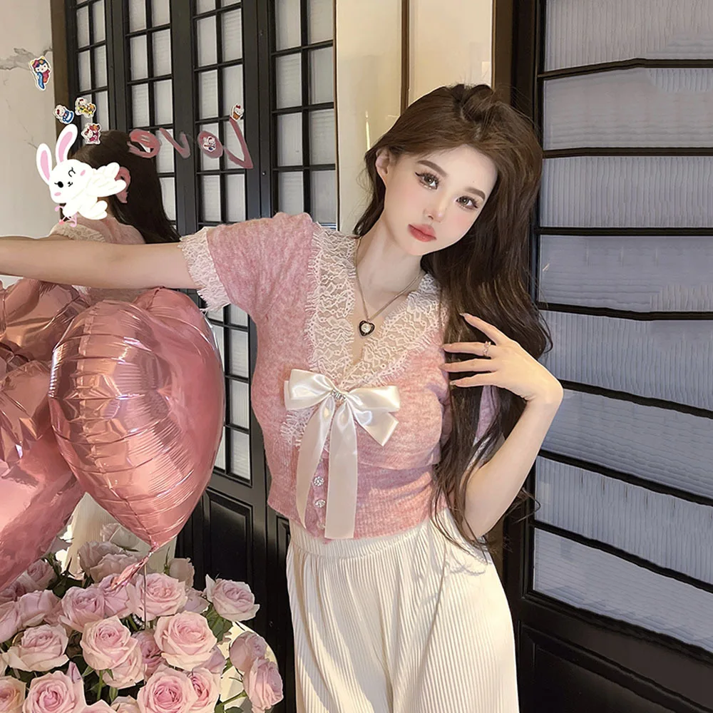 Женский трикотажный свитер с бантом Летний джемпер длинным рукавом и кружевом 2024