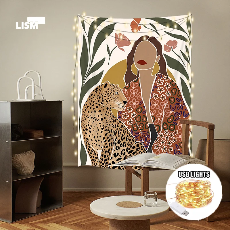

Women and Animals Tapestry Simple Graphic Illustration Vintage Animals Tapestries Hang on The Wall Boho Aesthetic Home Decor