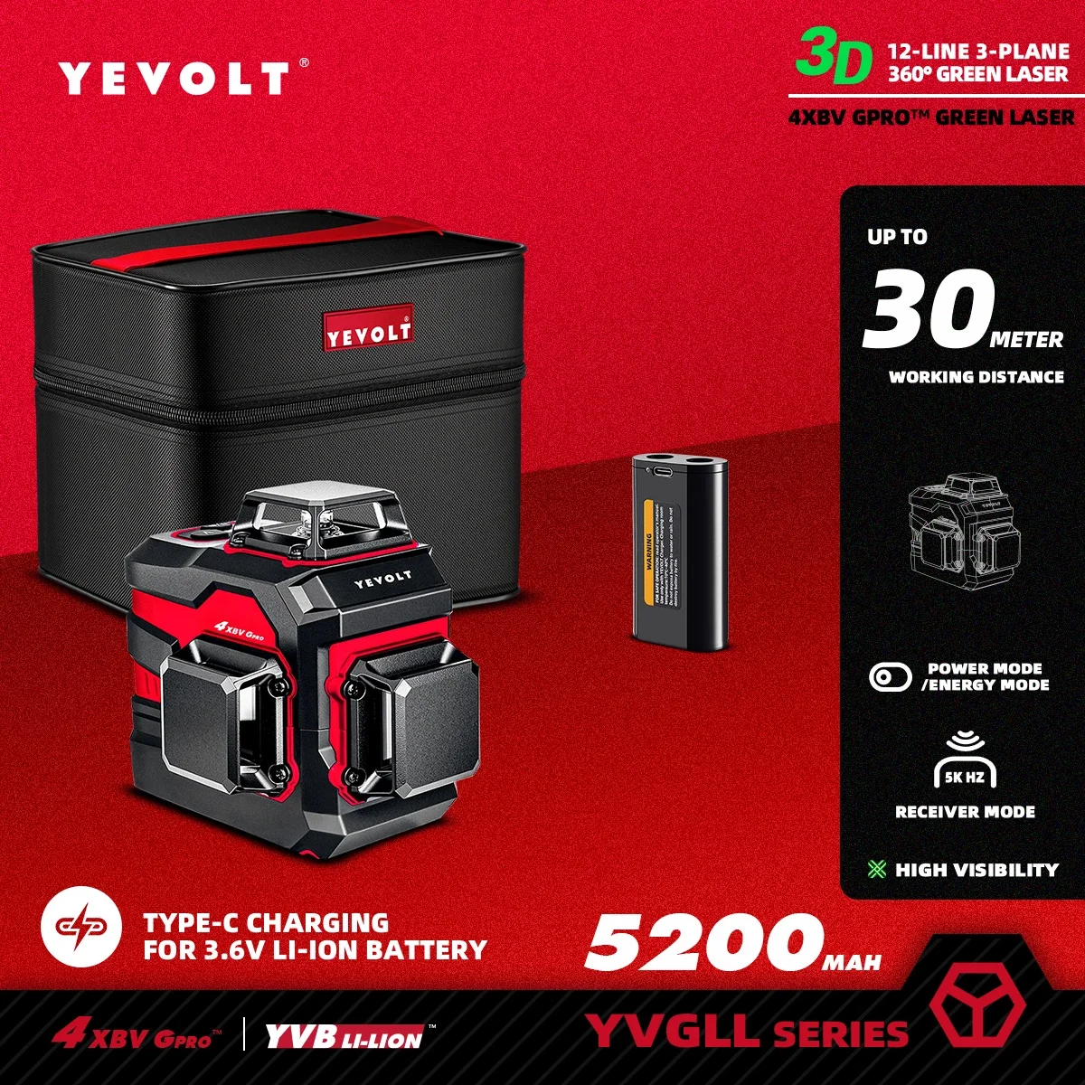 

YEVOLT YVGLL4XS12 3-контактный 12-линейный лазерный уровень и уровень с автоматическим выравниванием, гибридная зарядка, двойная мощность, высокая точность, дальность действия 30 м