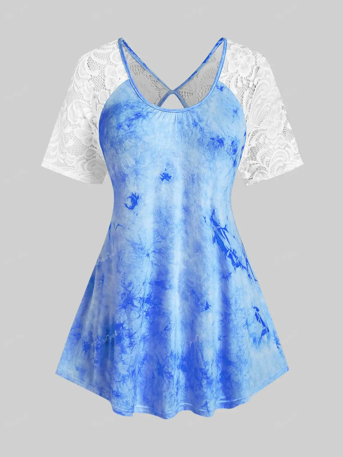 

ROSEGAL Plus Size Lace Panel Cutout Tie Dye Tee Women's Summer Blouses Raglan Sleeves Tunic Tops 4XL